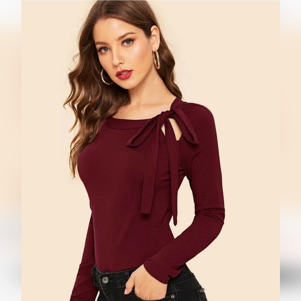 Felegant Tie Neck Raglan Sleeve Top - Picture 1 of 6